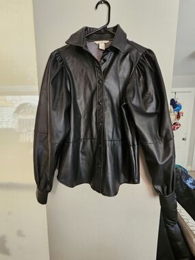 H&M Black Faux Leather Puff-Sleeve Button-Down Shirt